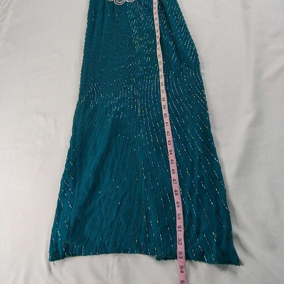 VTG Landa Teal Green Blue Silk Beaded Keyhole Back Maxi Dress Formal Glam - Picture 4 of 10